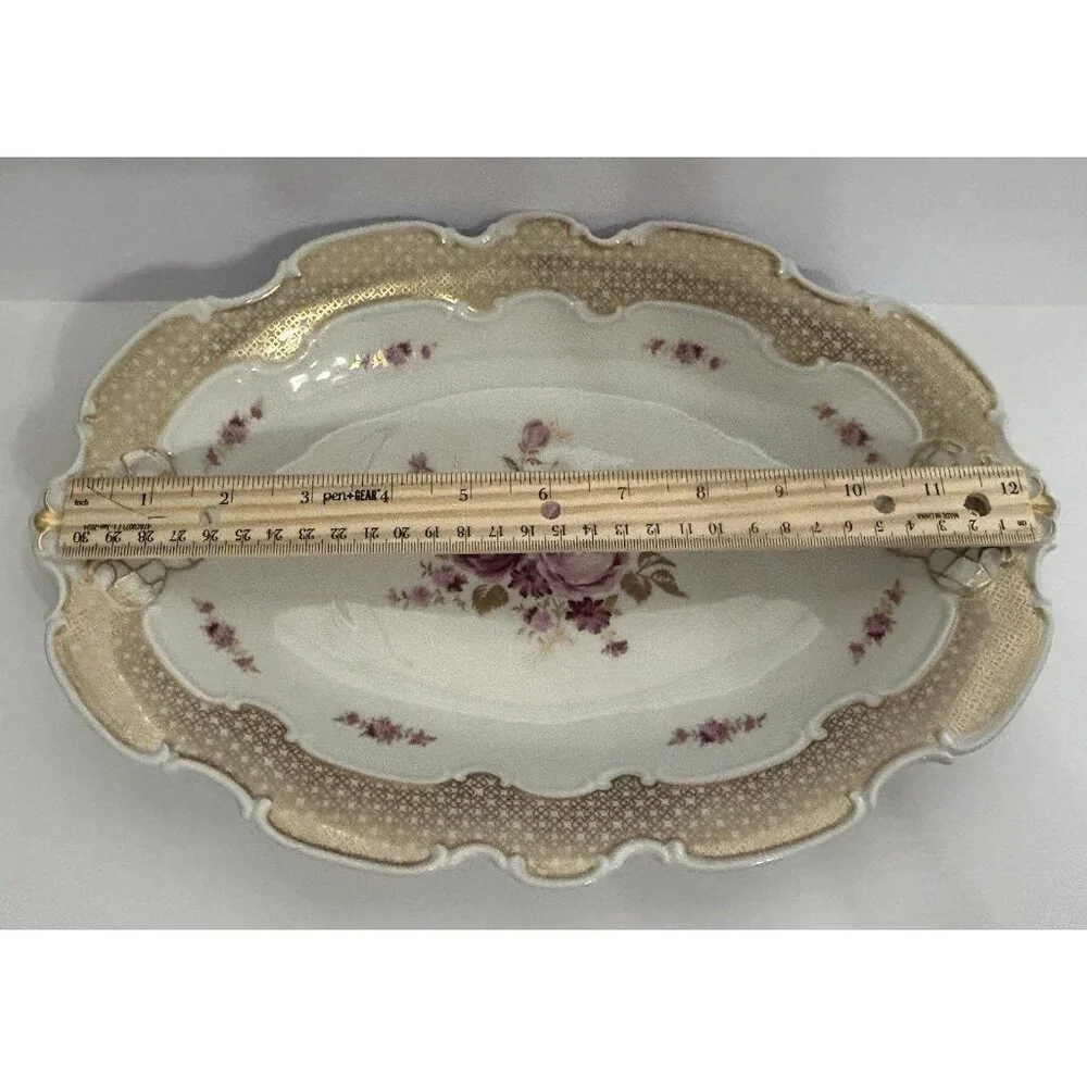 Wallendorf 1764 Oblong Rose Pink and Gold Dish Porcelain Germany 13x9 Inches - Picture 9 of 10